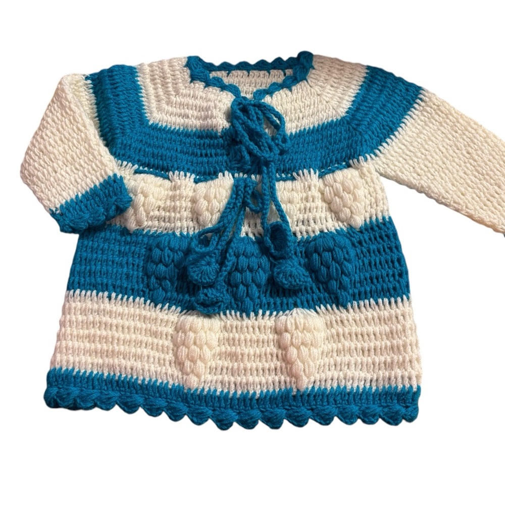 Blue and White Knitted Baby Sweater